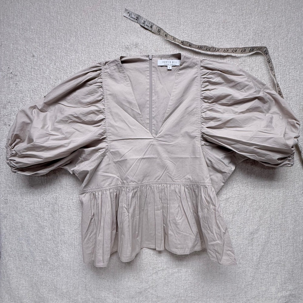 Hunter Bell New York Taupe Cotton Puff Sleeve V-Neck Peplum Top 22HB012 Size L